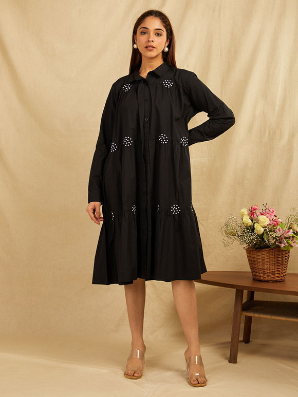 Black Embroidered Cotton Shirt Dress