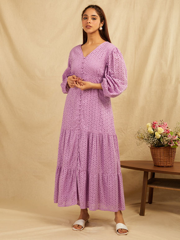 Lilac Embroidered Cotton Dress