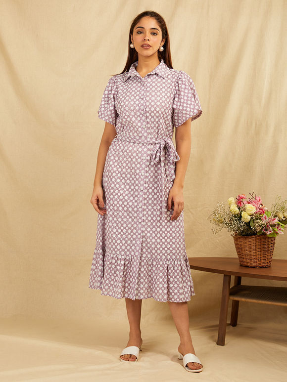 Lilac Embroidered Cotton Dress with Belt