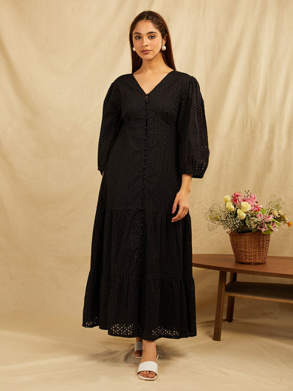 Black Embroidered Cotton Dress