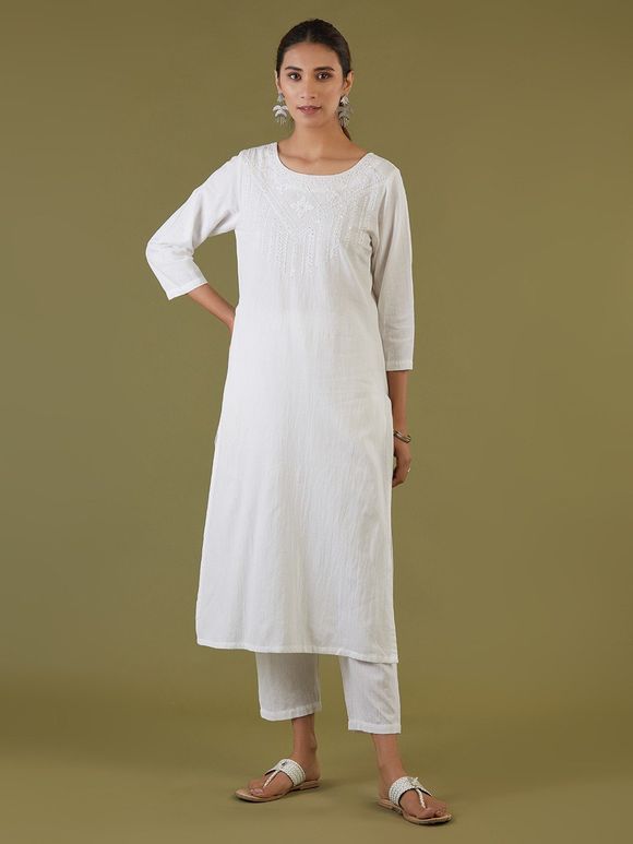 White Embroidered Linen Viscose Kurta with Pants - Set of 2