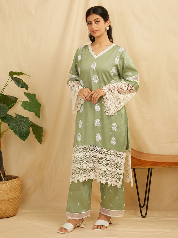 Green Hand Embroidered Cotton Silk Kurta with Pants - Set of 2