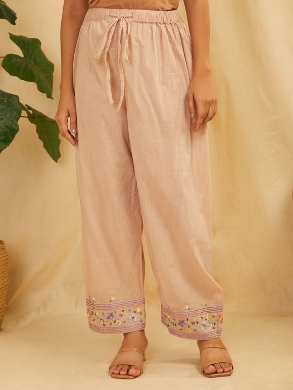 Beige Embroidered Cotton Pants