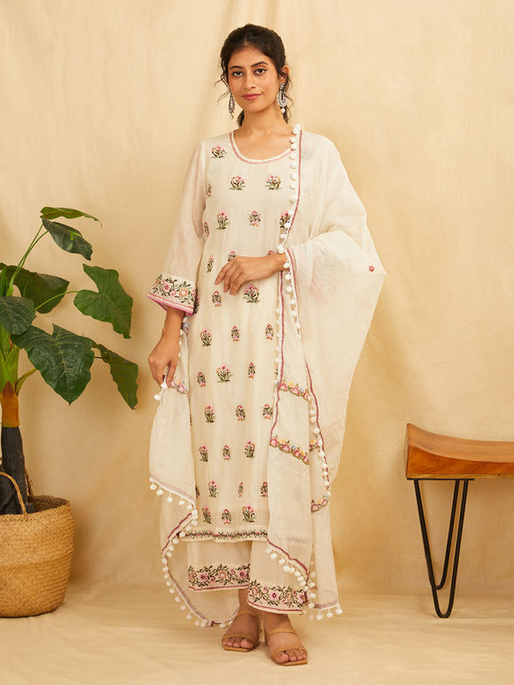 Off White Embroidered Chanderi Suit- Set of 3
