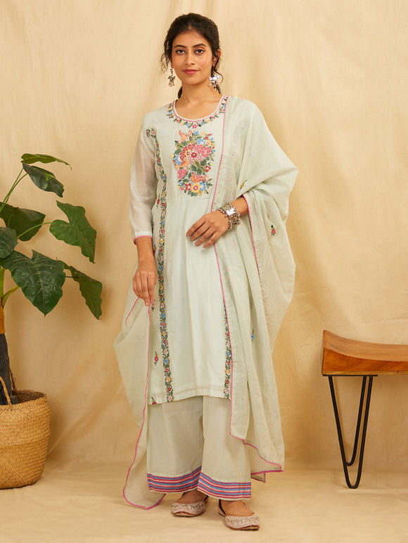 Mint Blue Embroidered Chanderi Suit- Set of 3