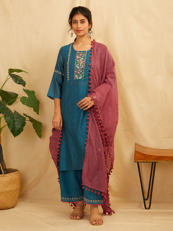 Teal Blue Embroidered Chanderi Suit- Set of 3