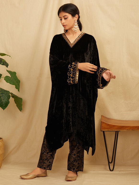 Black Zardozi Hand Embroidered Velvet Kaftan with Pants - Set of 2