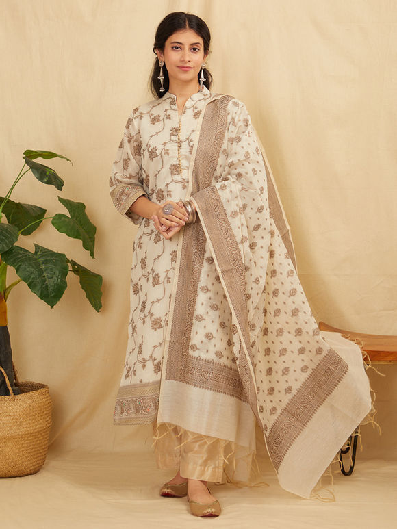 Ivory Banarasi Cotton Silk Suit- Set of 3