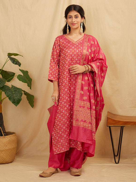 Pink Banarasi Silk Suit- Set of 3