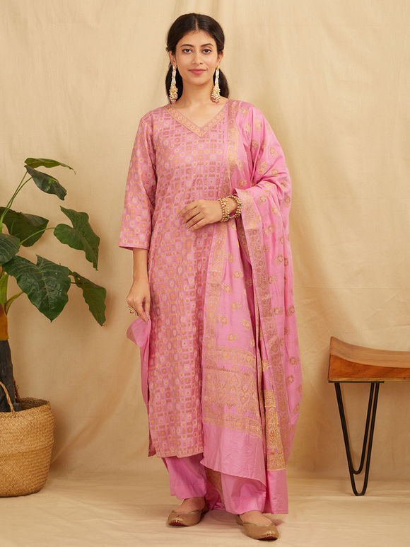 Pink Banarasi Silk Suit- Set of 3