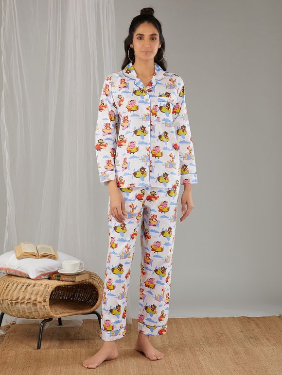 White Printed Cotton Night Suit with Eye Mask - Set of 3