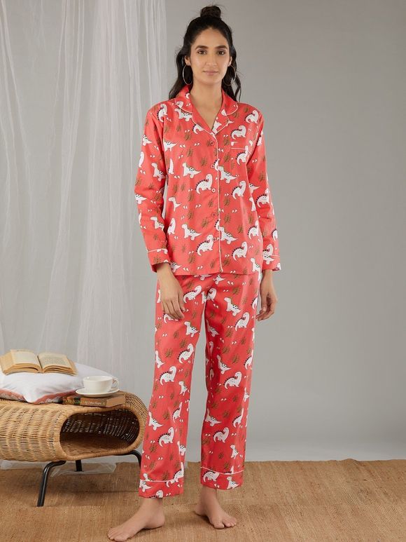 Red Printed Cotton Night Suit with Eye Mask - Set of 3