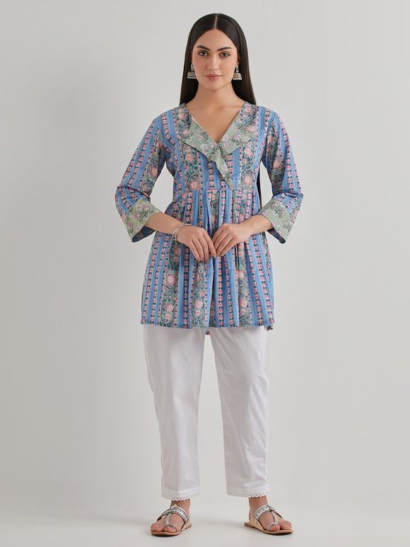 Blue Hand Block Printed Cotton Tunic with Pants- Set of 2