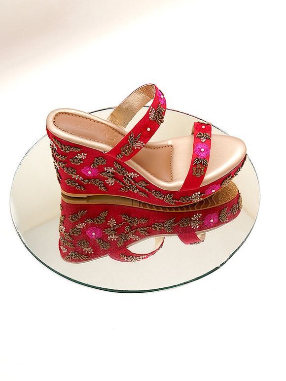 Red Hand Embroidered Faux Leather Wedges