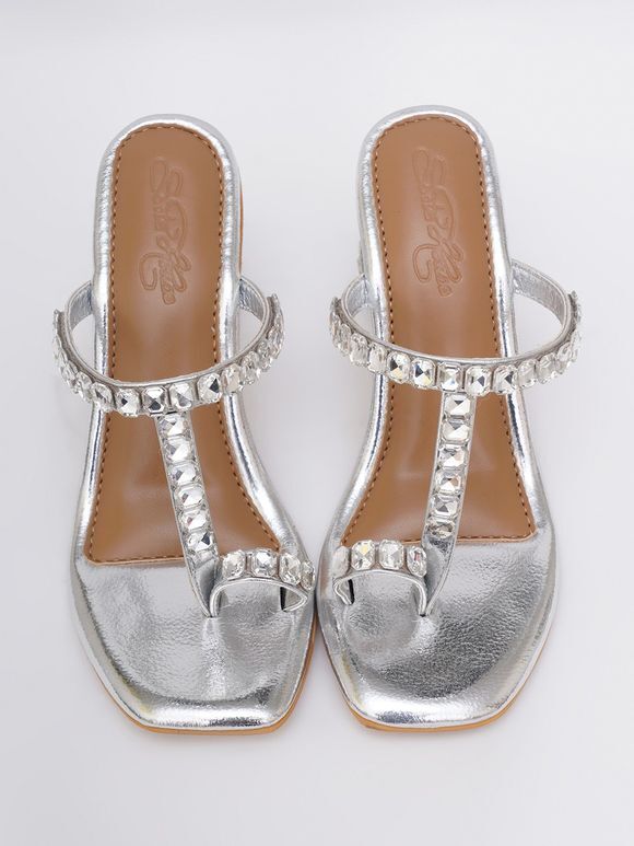 Silver Hand Embroidered Faux Leather Block Heels