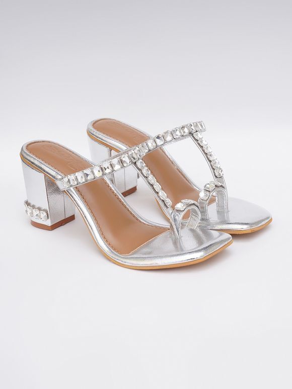 Silver Hand Embroidered Faux Leather Block Heels