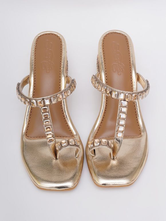 Golden Hand Embroidered Faux Leather Block Heels