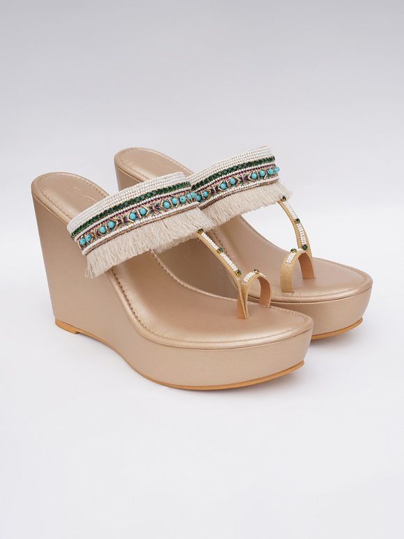 Golden Hand Embroidered Faux Leather Wedges