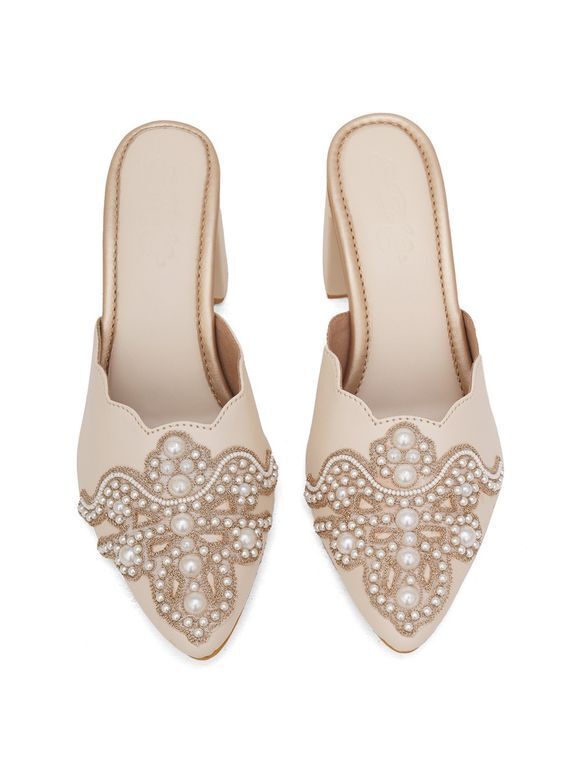 Cream Embroidered Faux Leather Block Heels