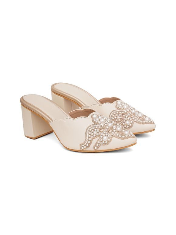 Cream Embroidered Faux Leather Block Heels