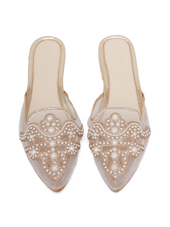 Cream Hand Embroidered Faux Leather Mules