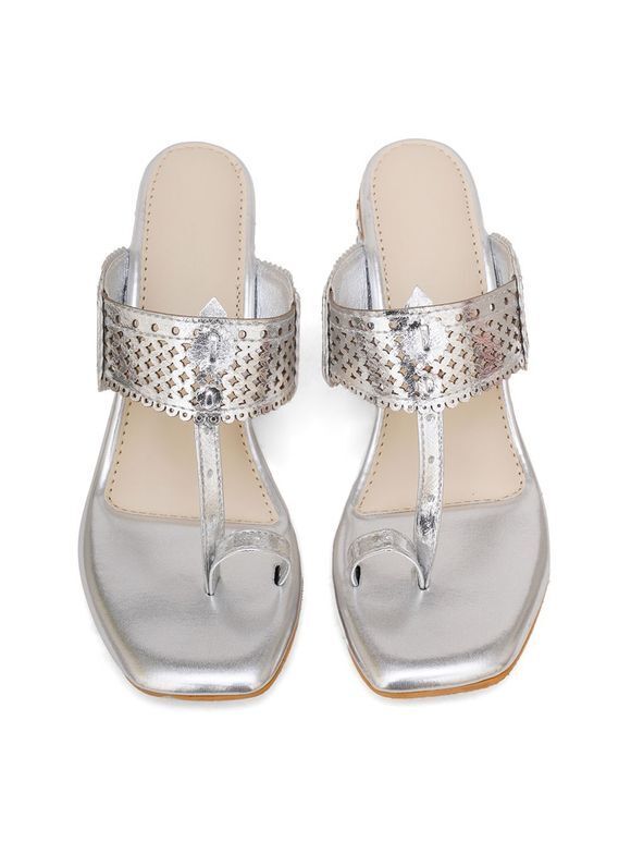 Silver Embroidered Faux Leather Block Heels
