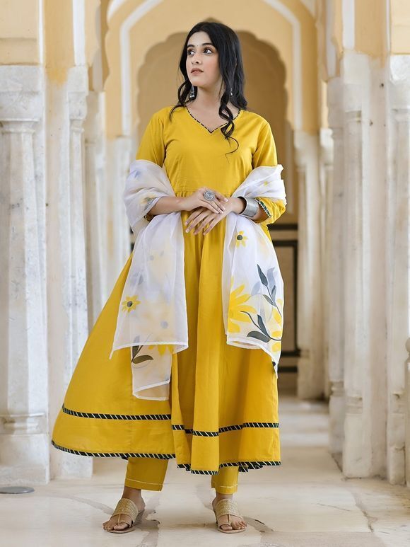 Yellow Gota Work Cotton Anarkali Suit with White Hand Painted Organza Dupatta- Set of 3