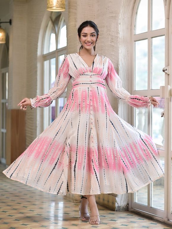 Pink White Shibori dyed Cotton Flared Dress