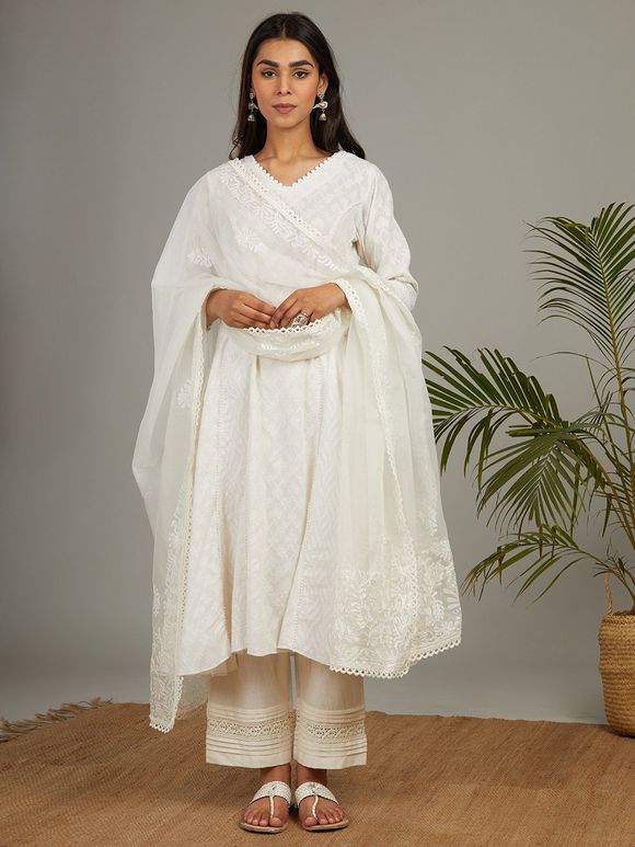 Off White Cotton Anarkali Suit with Aari Work Organza Dupatta - Set of 3