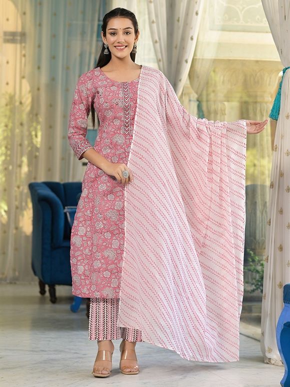 Pink Hand Block Printed Cotton Suit with White Dupatta - Set of 3
