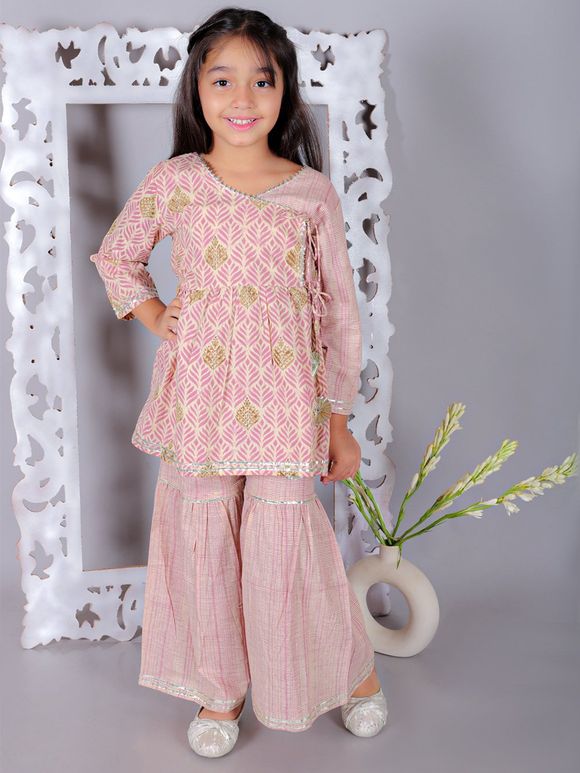 Pink Printed Cambric Cotton Kurta with Sharara - Set of 2