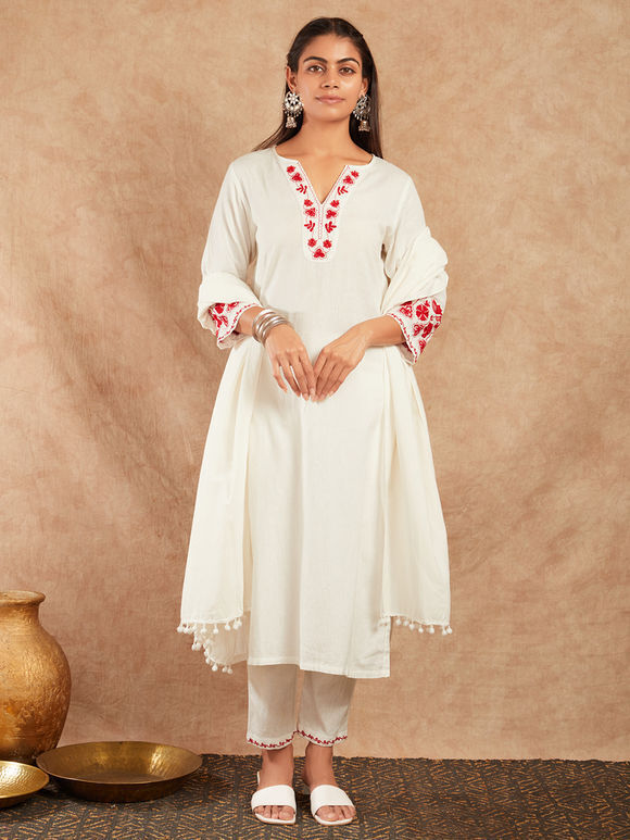 White Embroidered Cotton Suit- Set of 3