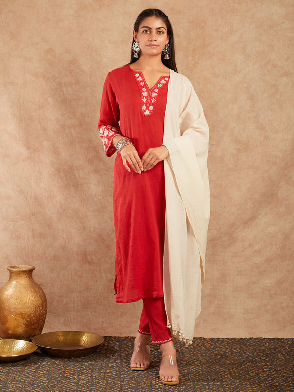 Red Embroidered Cotton Suit - Set of 3
