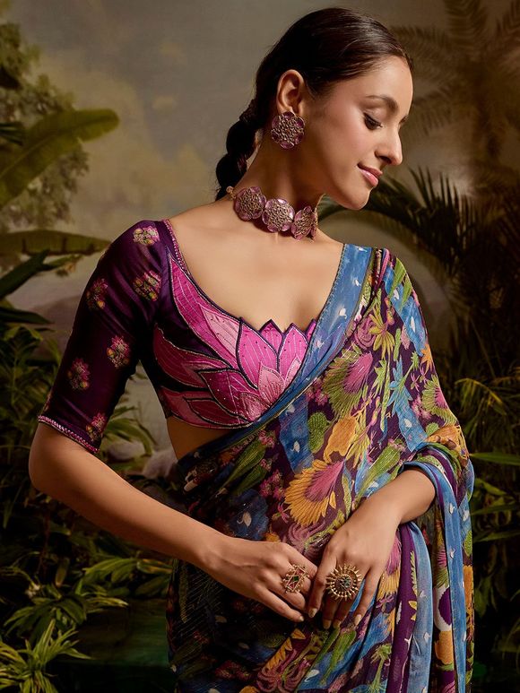 Multicolor Printed Chiffon Lurex Saree with Embroidered Blouse - Set of 2