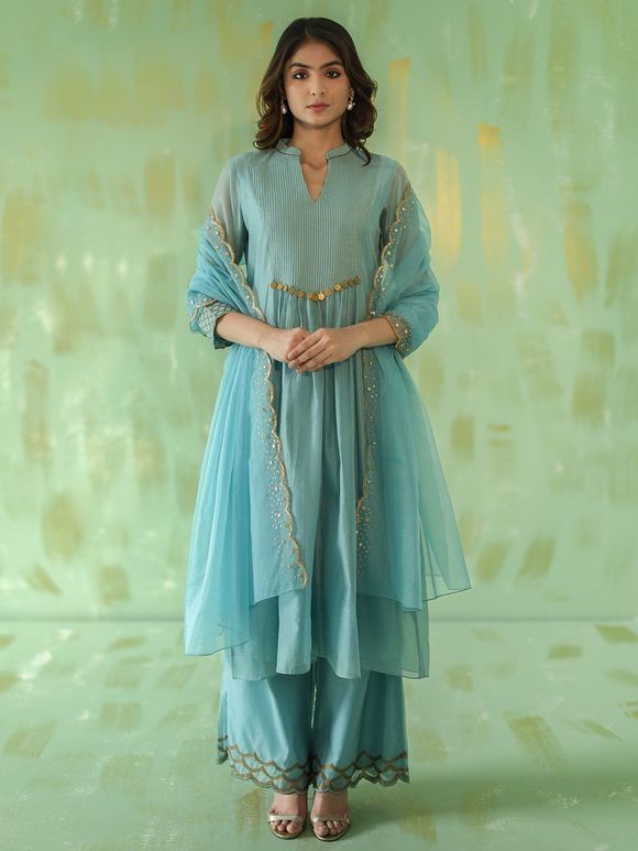 Powder Blue Embroidered Chanderi Suit with Organza Scalloped Dupatta- Set of 3