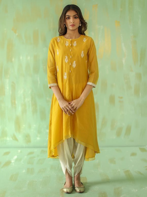 Yellow Hand Embroidered Chanderi Asymmetric Kurta with Cream Cotton Striped Dhoti Pants- Set of 2