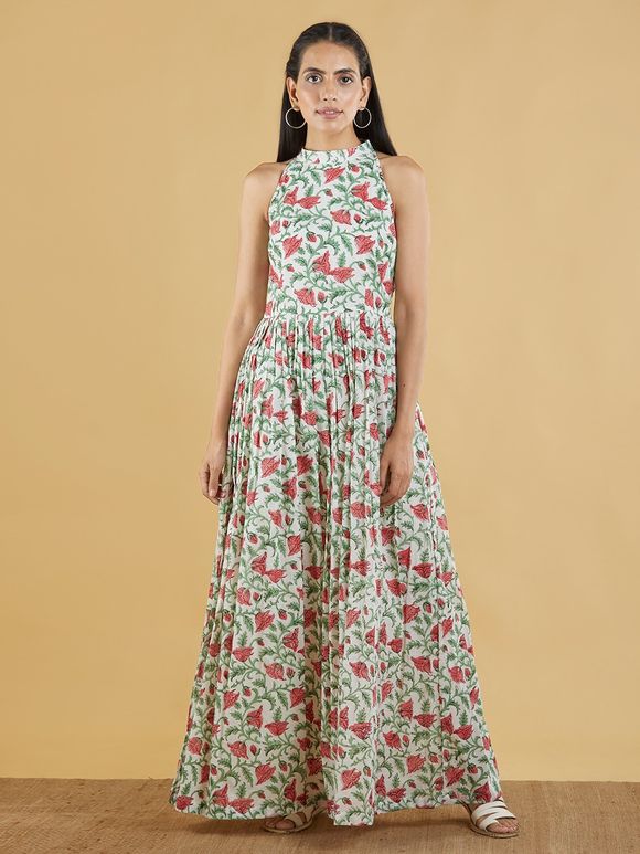 MULMUL OLIVE BLOSSOMS BLOCK PRINTED TIERED MAXI DRESS main image 1