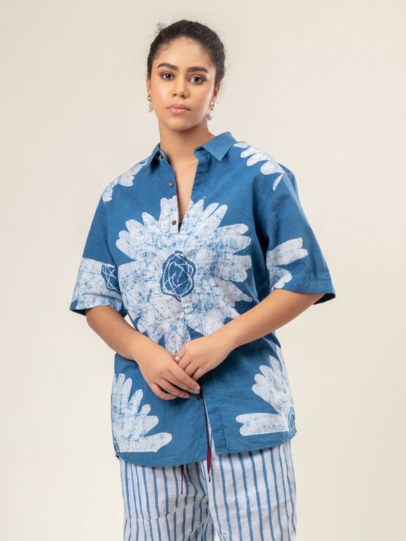 Blue Printed Cotton Unisex Shirt