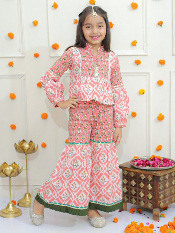 Pink Printed Cambric Cotton Top with Sharara - Set of 2
