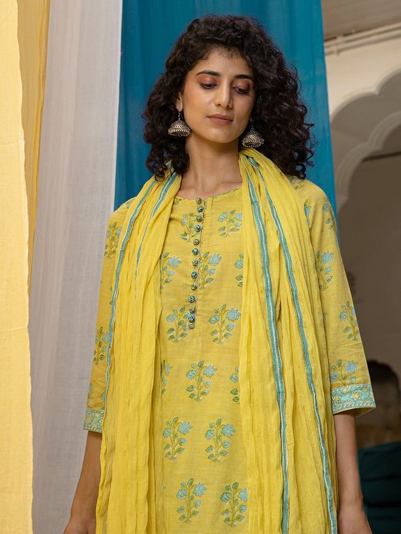 Lemon Yellow Hand Block Printed Cambric Cotton Suit with Green Palazzo and Mulmul Dupatta - Set of 3
