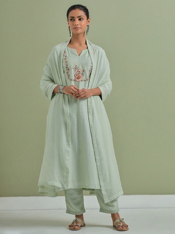 Green Embroidered Chanderi Silk Suit - Set of 3