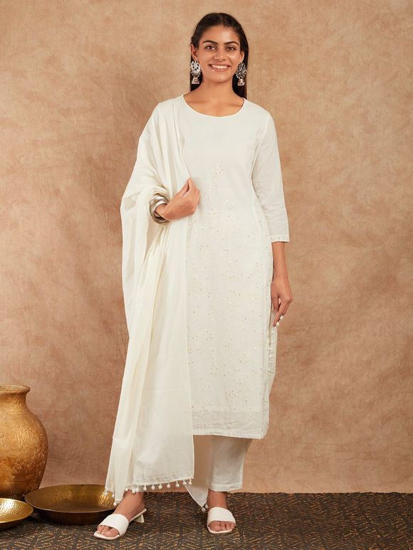 White Embroidered Cotton Suit - Set of 3