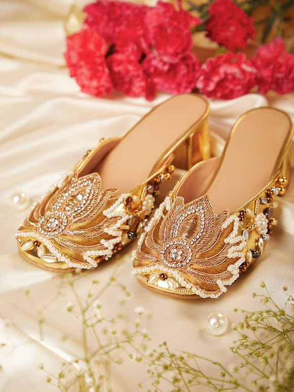 Golden Embroidered Leatherette Heels