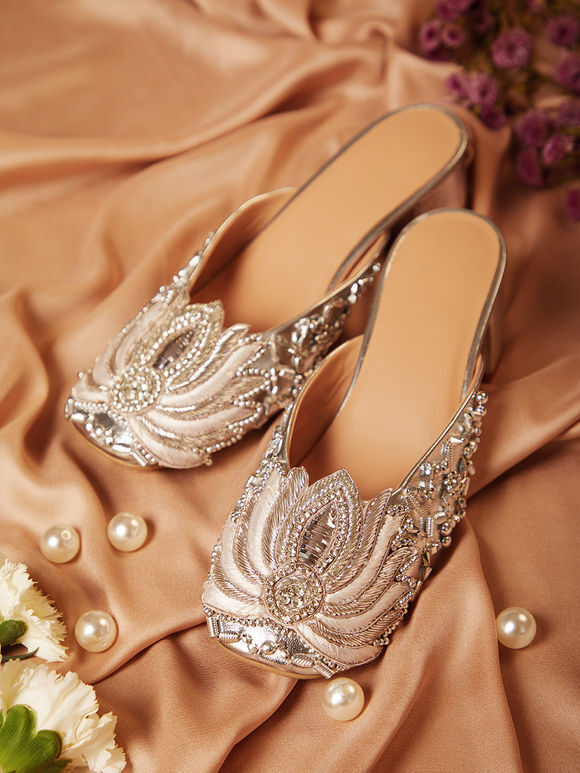 Silver Embroidered Leatherette Heels