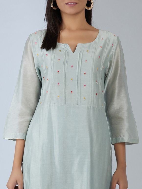 Pastel Green Embroidered Chanderi Kurta with Pants - Set of 2