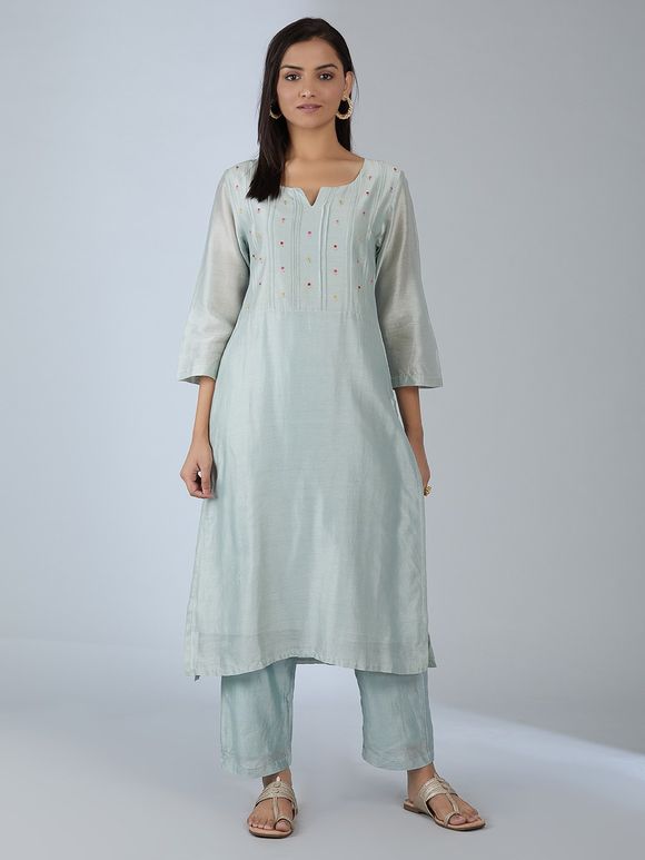 Pastel Green Embroidered Chanderi Kurta with Pants - Set of 2
