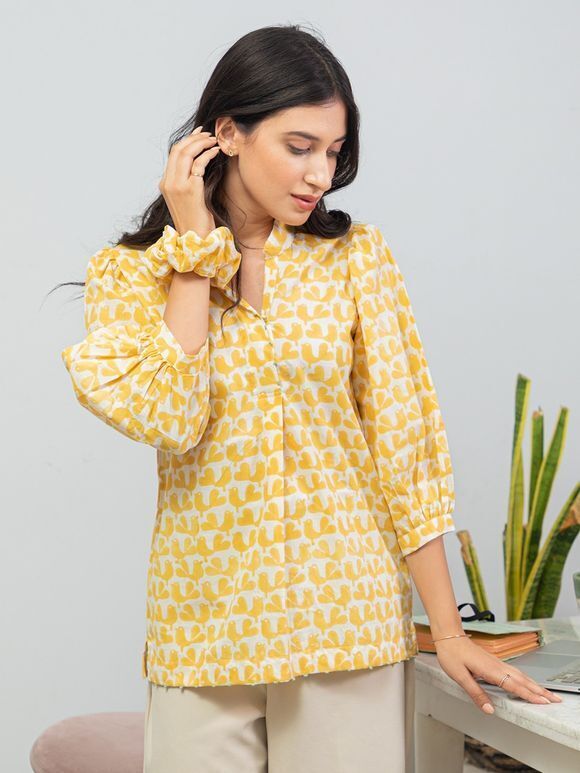 White Yellow Hand Block Printed Cambric Cotton Top 