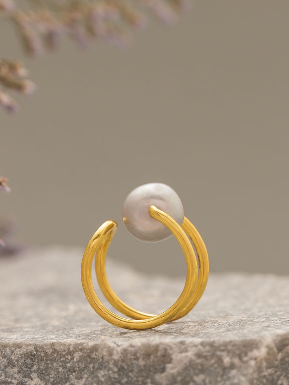 Gold Toned Handcrafted Pearl Silver Ring
