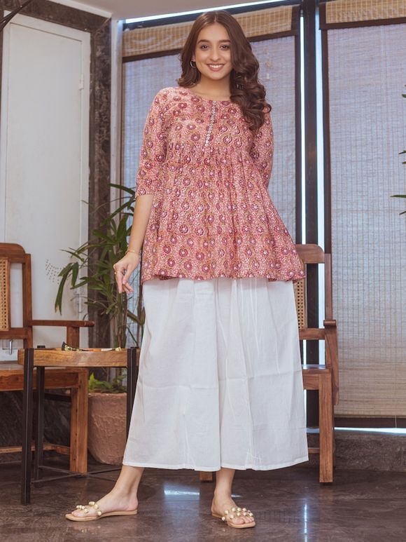 Peach Hand Block Printed Cambric Cotton Embroidered Kurta with White Palazzo- Set of 2