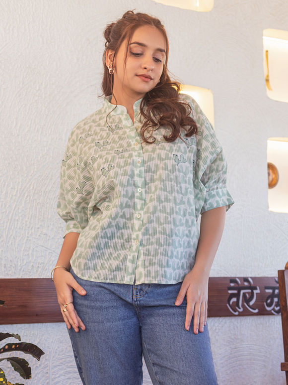 White Mint Green Printed Cambric Cotton Top